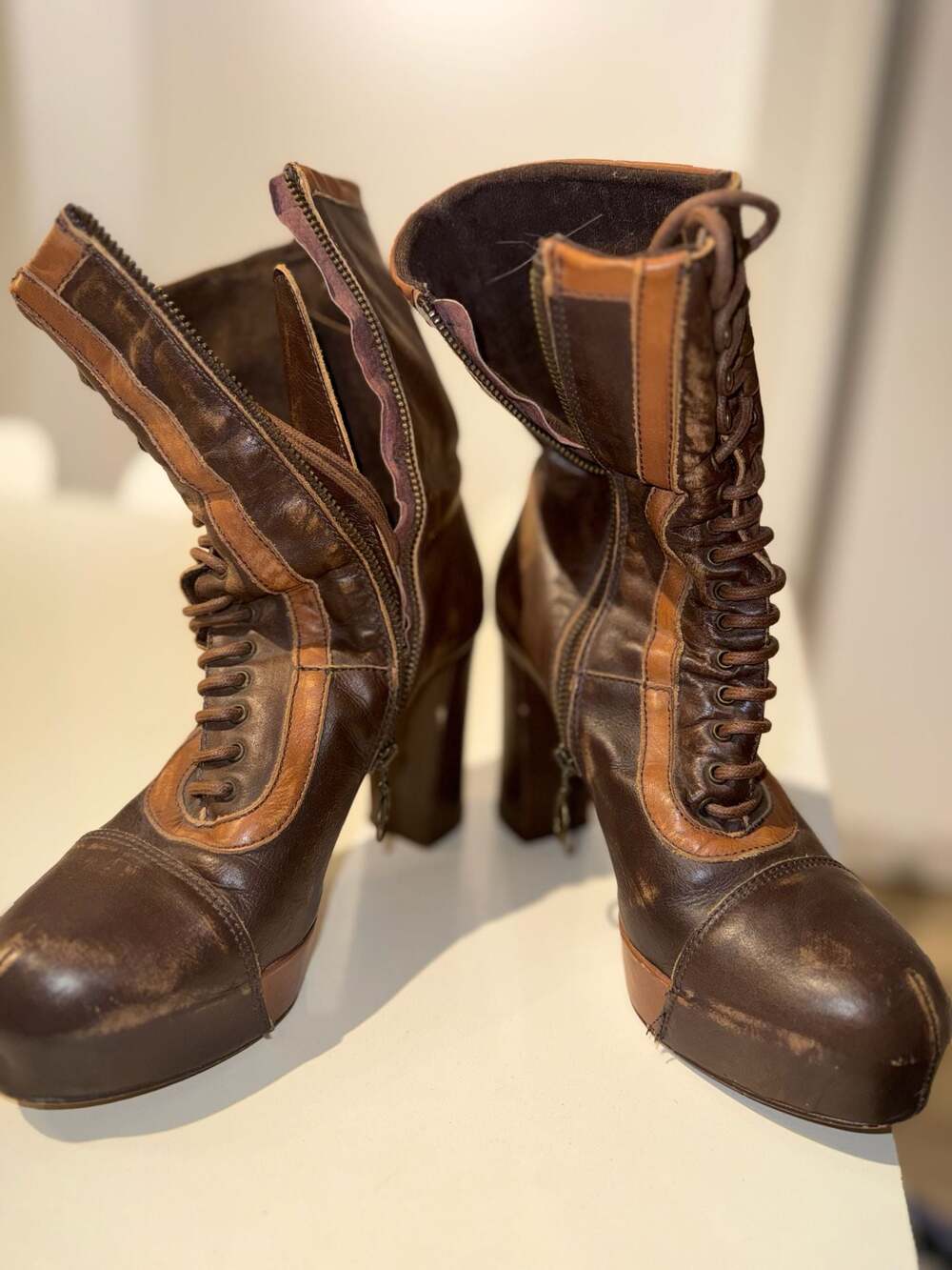Jeffrey Campbell Brown Leather Tall Lace-Up Platform Boots Size 40 - Picture 7 of 8